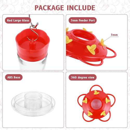 Urban Deco Glass Hummingbird Feeder for Outdoor Hanging Bird Feeder, 5 Feeding - Picture 4 of 12