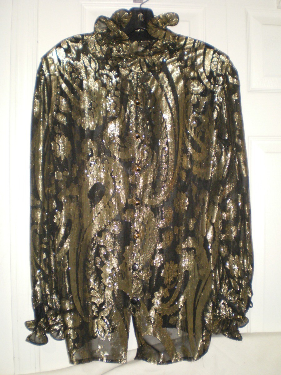 Vintage Escada Sheer Silk Metallic Gold Ruffle Applique Blouse Top  