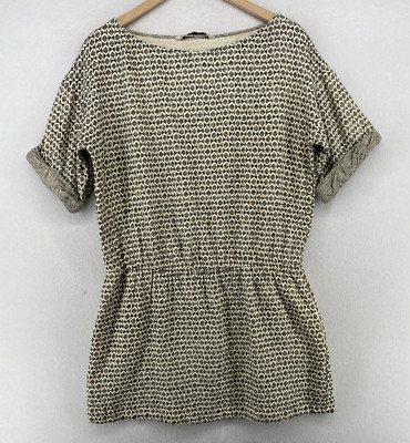 ZARA BASIC Tunic S Geometric Double Weave Cuffed Short Sleeve Cinched Gray