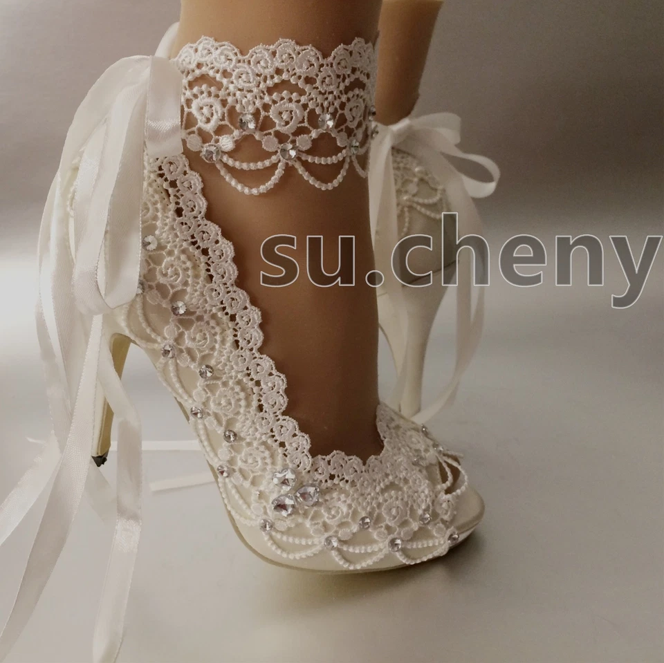 Su.cheny 3" 4” Tacón Blanco Marfil Satinado Encaje Cinta Peep Toe Boda Zapatos de Novia Foto 3 de 4