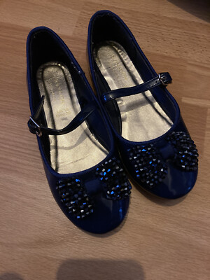 VGC Monsoon Girls Navy Blue Patent Mary Jane shoes w/beaded bows UK 12  UK