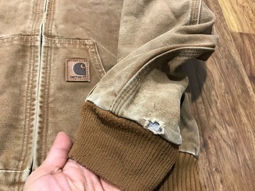 BOYS M (8) - Vtg Carhartt YYJ130 Sandstone Flannel Quilted Hooded Jacket Mexico - Picture 10 of 17