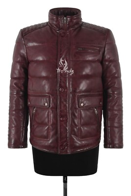 Herren Puffer Echt Leder Jacke Ochsenblut Freizeit Sport Voll Gesteppt Stil Jacke