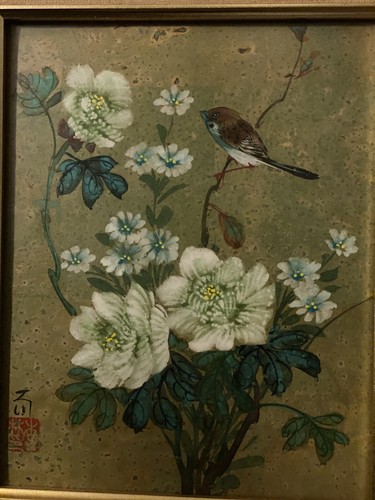 Vintage Framed Chinese Bird Flower Art Piece Painting! Stamped. 14”X12” Frame - Picture 2 of 10