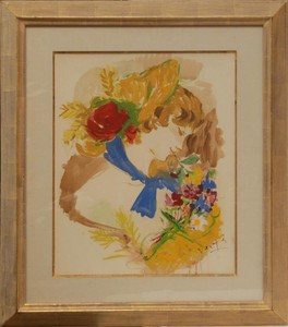 MARCEL-VERTES-ORIGINAL-WATERCOLOR-GOUACHE-IMPRESSIONIST-WOMAN-WITH-FLOWERS