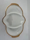 Vintage Fire King Three Section Milk Glass Serving Dish Bowl Gold Trim Bead