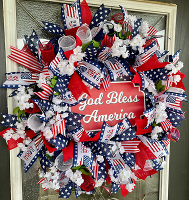 Patriotic USA God Bless America Floral 4th of July Deco Mesh Front Door Wreath