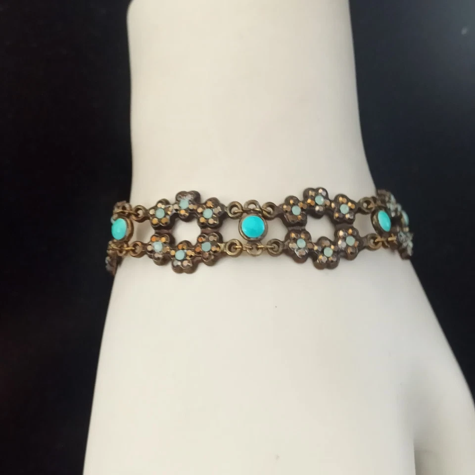 Michal Negrin Bracelet Turquoise Dainty Flowers Wide With Swarovski Crystals VTG - Image 4 of 4