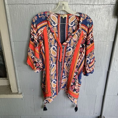 Democracy Boho Floral Paisley Print Women 1X Embroidery Tassel Ruffle Sleeve - Image 1 of 4