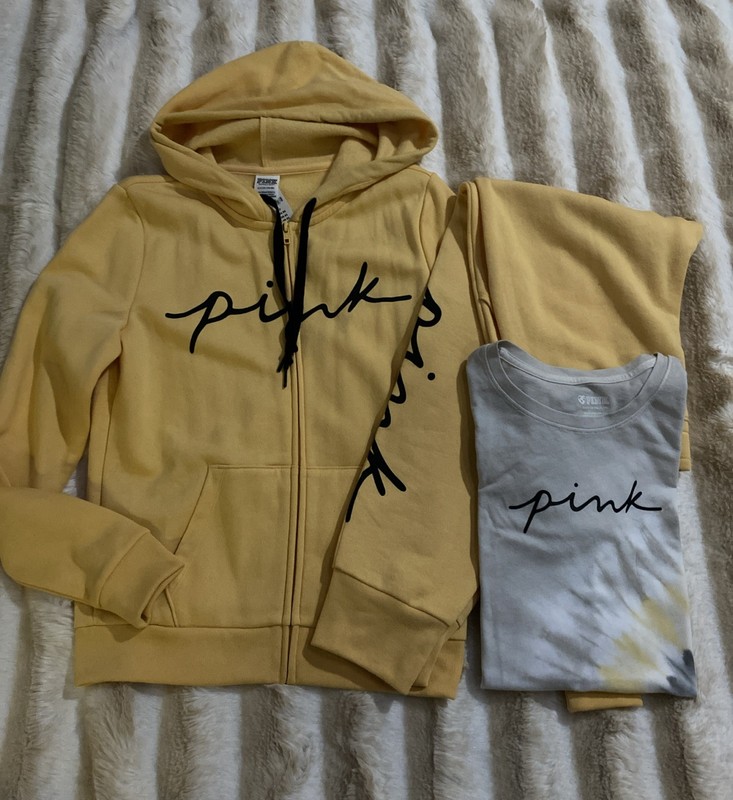Victoria's Secret Pink Full Zip Hoodie + Tee Shirt + JoggerPants Set Yellow S/XS