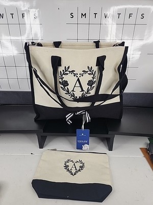Monogramed A Canvas Bag with Make Up Bag Set New with Tags