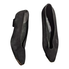 Vtg 1990s Stuart Weitzman Black Suede Gold Metal Pointed Toe Low Heel Pumps 8