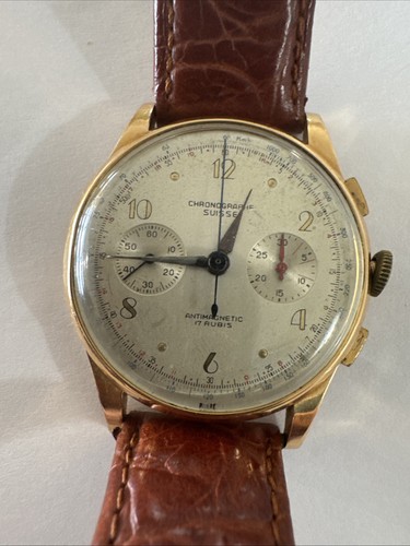 CHRONOGRAPHE SUISSE VINTAGE 50’s 18k ANTIMAGNETIC 750 ROSE GOLD SWISS WATCH