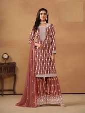 Wine Brown Faux Georgette Heavy Embroidered Sharara Suit with Dupatta  Bridal F