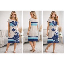 Chico's Floral Striped Shift Dress Womens 2/L Blue Beige Sleeveless Knee Length