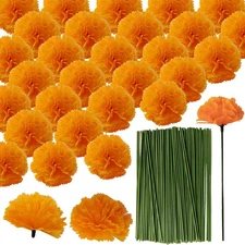 50 Pcs Marigold Flower Heads with Stems Day of The Dead Wreath Garland Decor