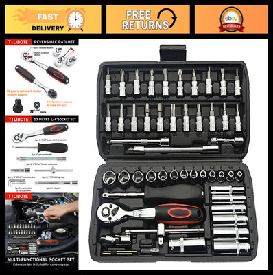 53PCS Socket Wrench Set - 1/4 Inch Ratcheting Tools, Extension Bar & Sockets for