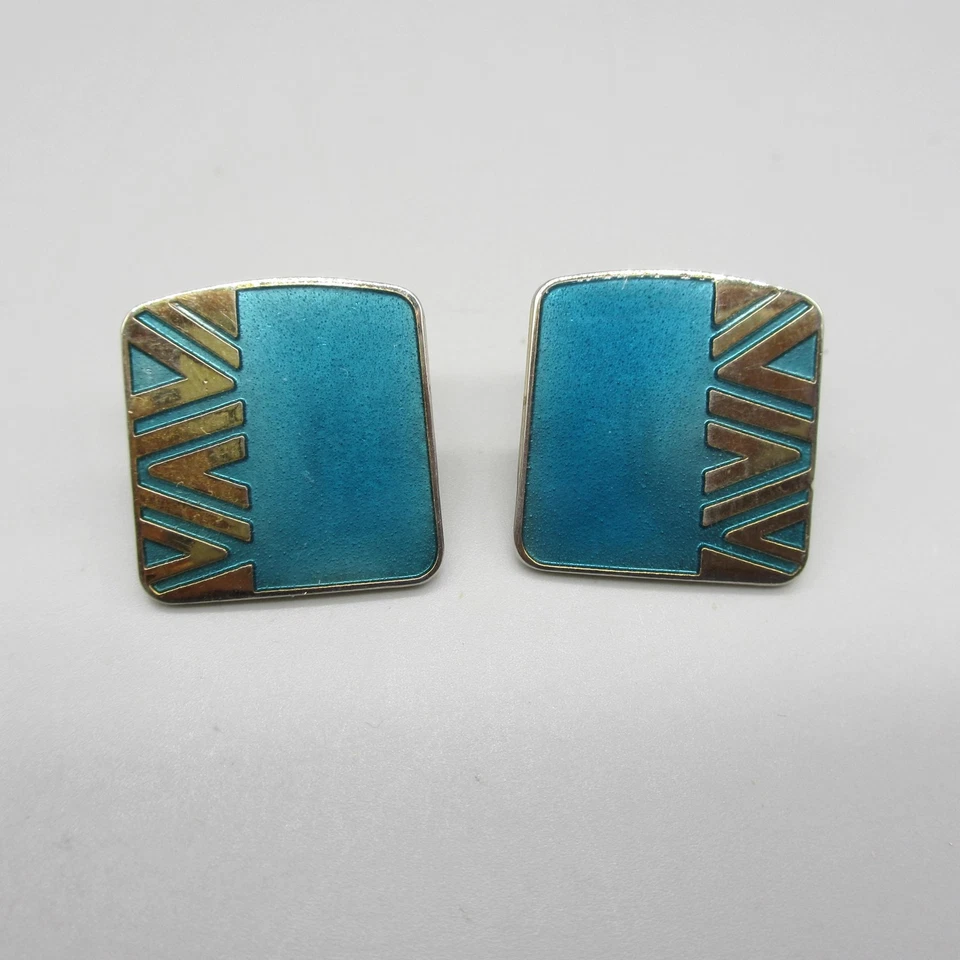 Laurel Burch NAITO Enamel Geometric Square Earrings Teal Gold Tone Pierced - Image 4 of 4