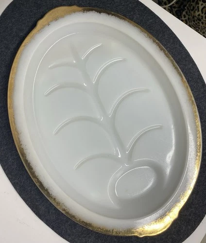 Vintage Fire King Platter Tree Of LifeSERVING Tray Milk Glass Gold Rim 15" x 11"