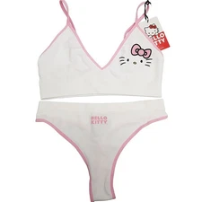 Primark Hello Kitty Bra Bralette Top Thong String Set White Pink Women L UK14-16