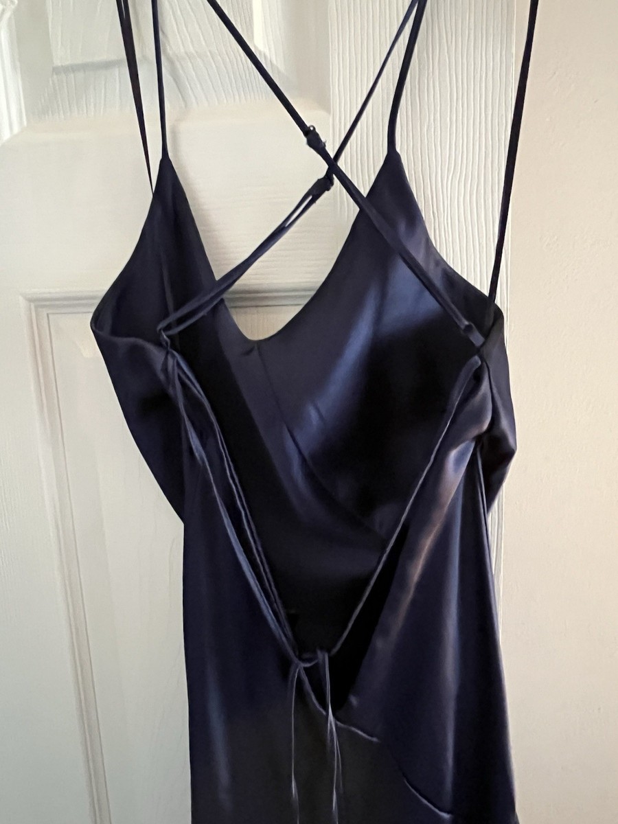house of harlow navy satin dress House of Harlow 1960 Navy Blue Satin Wrap Midi Dress Long Sleeve Collared XS