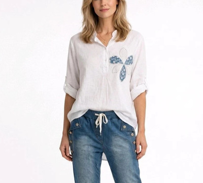 Damen Bluse Jeans Gesicht Tunika Hemd Shirt Italy Strass Größe 40 42 44 Weiß