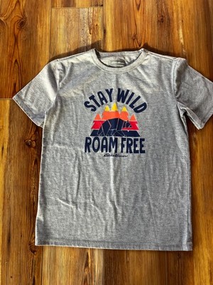 Eddie Bauer Shirt Kids 14/16 Gray Stay Wild Roam Free Bear Graphic Tee Kids