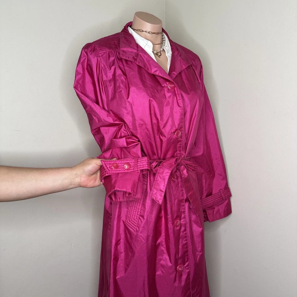 Vintage 80s Hot Pink Long Rain Trench Coat Size 10 - Image 4 of 4