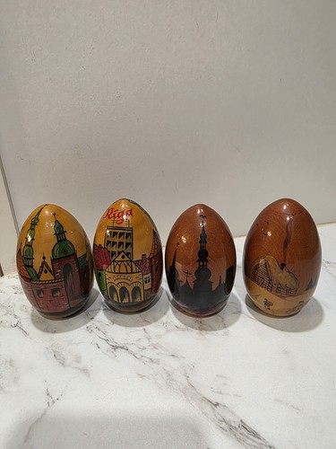 Vintage Hand Carved Lacquer Eggs RIGA Different Scenes Rare HTF Set Of 4