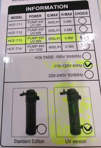 Filtro acquario UV 8W sterilizzatore acqua dolce/salata serbatoio pesci pompa acqua HCF-713 - Foto 2 di 12