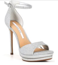 NEW $130 Gianni Bini Nessie Shoes Silver Glitter Stilettos Peep Toe 10 Platform