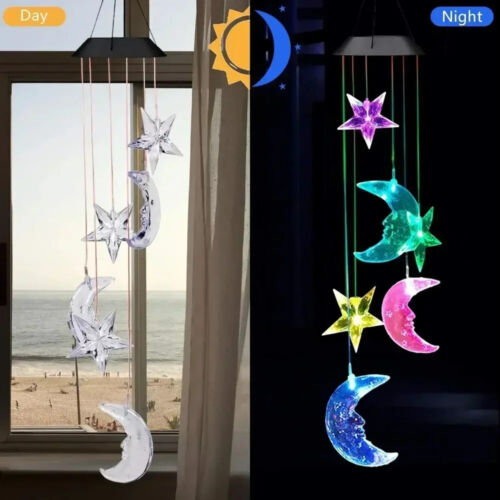 Solar Wind Chimes Lights LED Moon&Star Color Changing Hanging Lamp Garden Decor - Picture 4 of 13