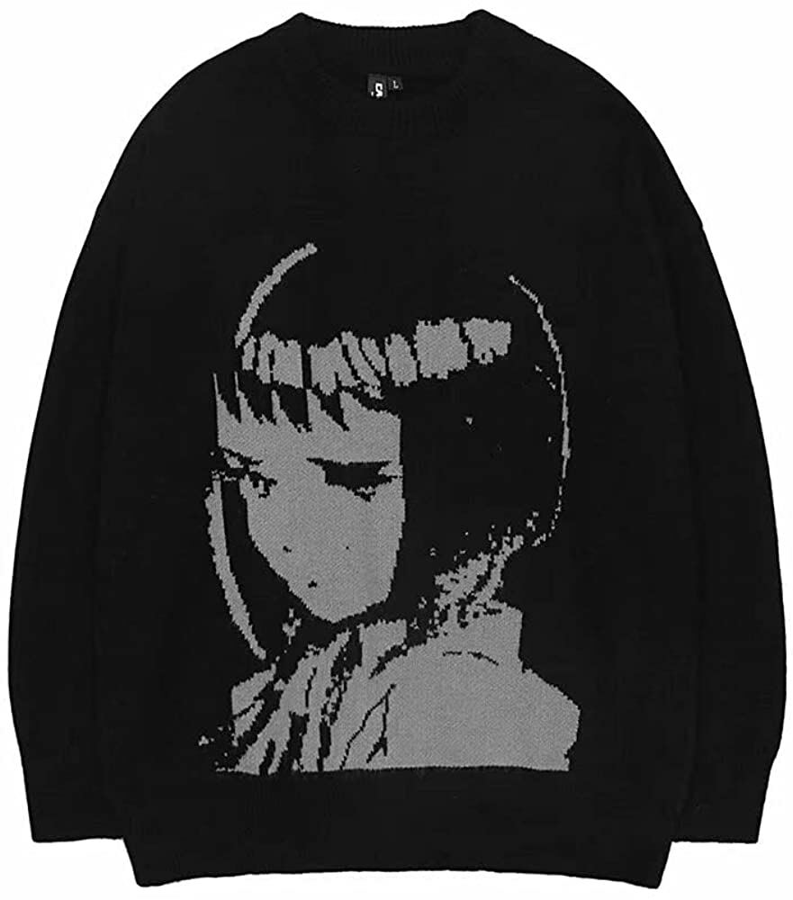 HANGJIA Men Oversized Knitted Sweater Pullover Black Japanese Anime Cartoon  Prin | eBay