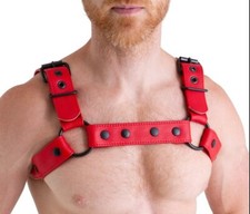 Men's Red Leather Bulldog Harness Belt. Real Cowhide Adjustable Chest Harness.