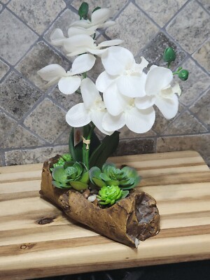15'' Tall 10'' Wide Faux Driftwood White Orchid Decorative Planter with stone crop