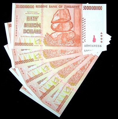5 Sequential Uncirculated $50 Billion Zimbabwe Banknotes AB Series