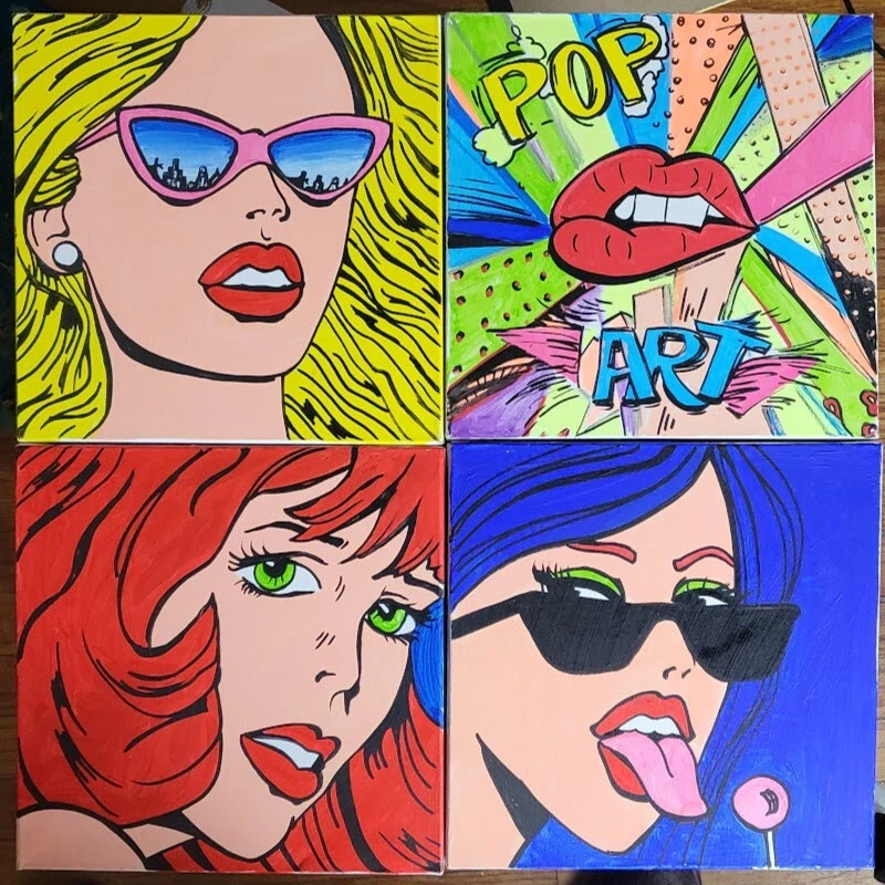 "Art Girls" Set of 4 Pop Art Original Canvas Paintings by Elena Polyakova. COA. - Image 2 of 4