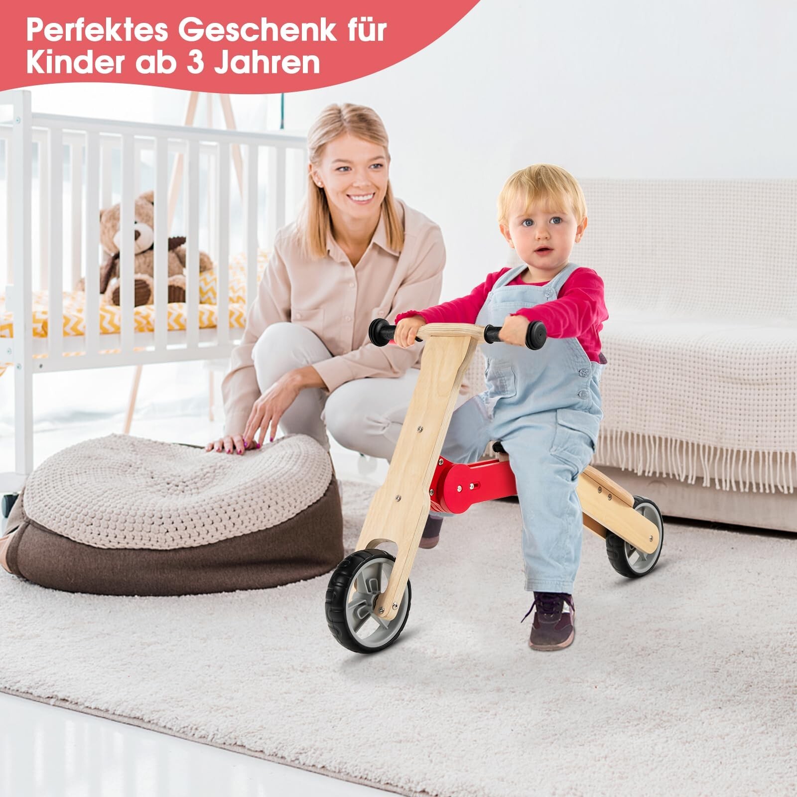 2in1 Kinderroller Laufrad Kleinkinderroller Holz Scooter mit Abnehmbar Sitz