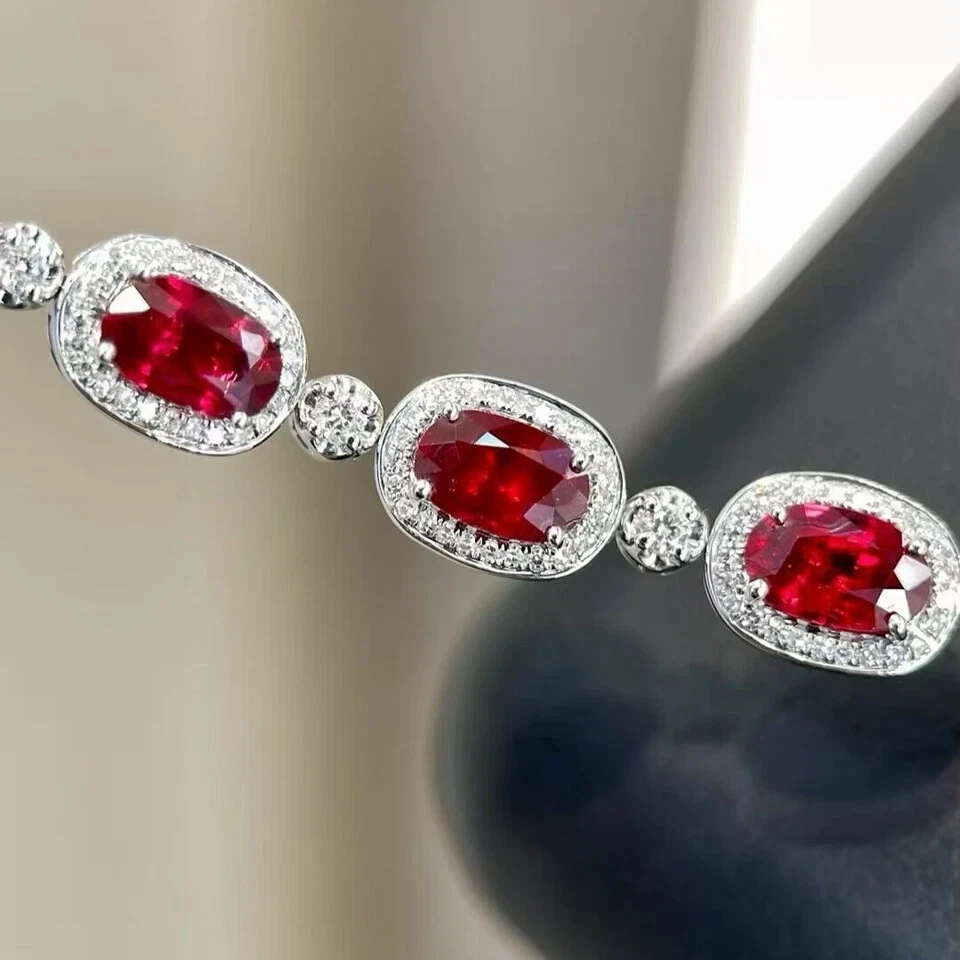 7.00 Ct Oval Cut Natural Red Ruby Diamond Link Tennis Bracelet 14K White Gold - Image 3 of 4