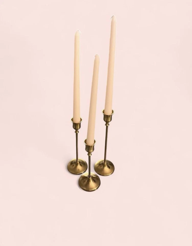 Set Of 3 Brass Gold Candle Holders With Tall Wax Candles For Weddings Home Decor - Image 2 of 4