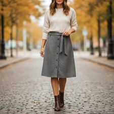 J.McLaughlin Leolia Skirt Grey Herringbone Wool Blend Belted 2 Fall Preppy