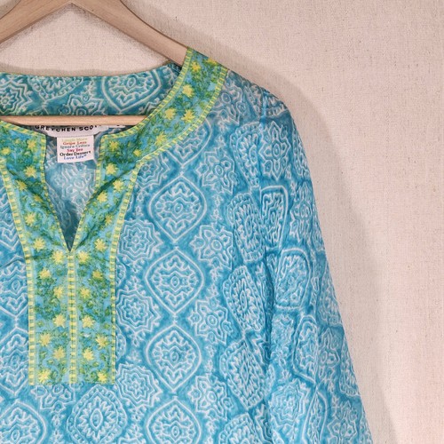 Gretchen Scott 100% Silk Colorful 3/4 Sleeve Sheer Boho Geometric Tunic Women LG - Picture 5 of 17