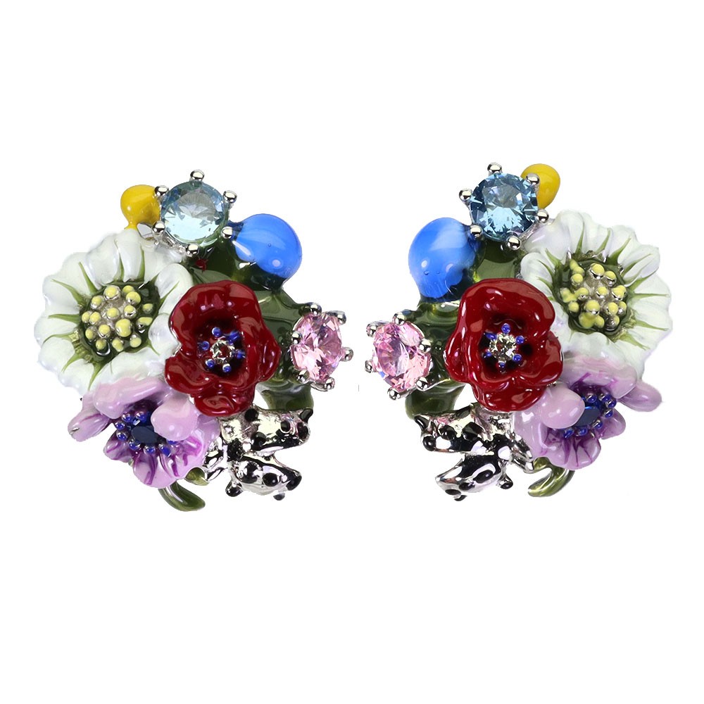 925 Plata de Ley Pendientes Redondo Imitación Cz Piedra Preciosa Flor Esmaltada