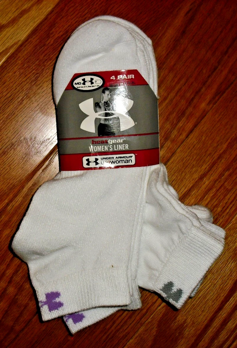 Women's Under Armour Heat Gear 4pair /LOW CUT liner socks white w/logo NWT 9-11