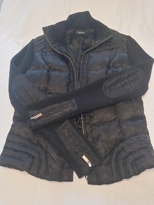 Bebe All Over Logo Quilted Satin Feather Down Sweater Sleeve Jacket Coat Size M