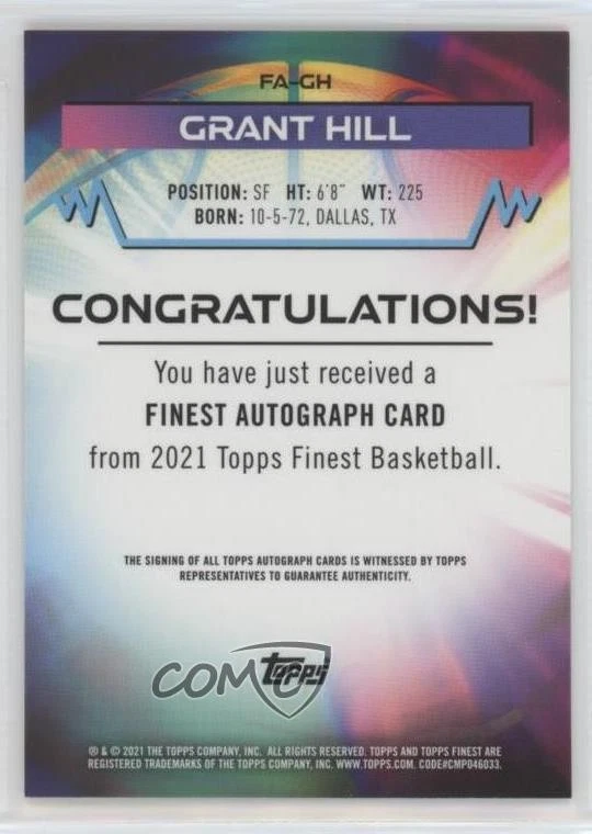2021 Topps Finest Finest Auto Gold Refractor /50 Grant Hill #FA-GH Auto HOF - Image 2 of 2