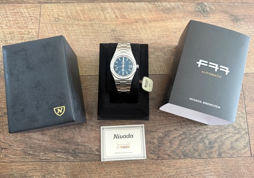 Nivada Grenchen F77 Stainless Steel 37mm Blue Dial 69041A77B Men's Watch Auto