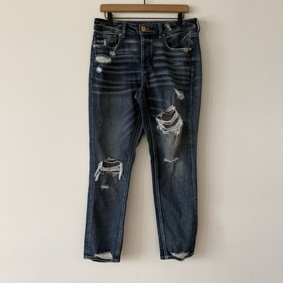 American Eagle Women s 8 Long Tomgirl Jeans Washed Denim Distressed Grunge
