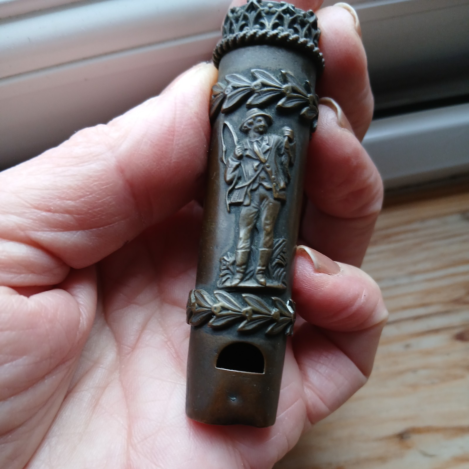 Novelty Antique 1900 Brass Vesta Case/whistle/compass  featuring a fisherman 