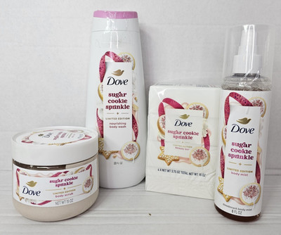 Dove Sugar Cookie Swirl Limited Edition 4 Piece Bundle Wash Scrub Bars Spray